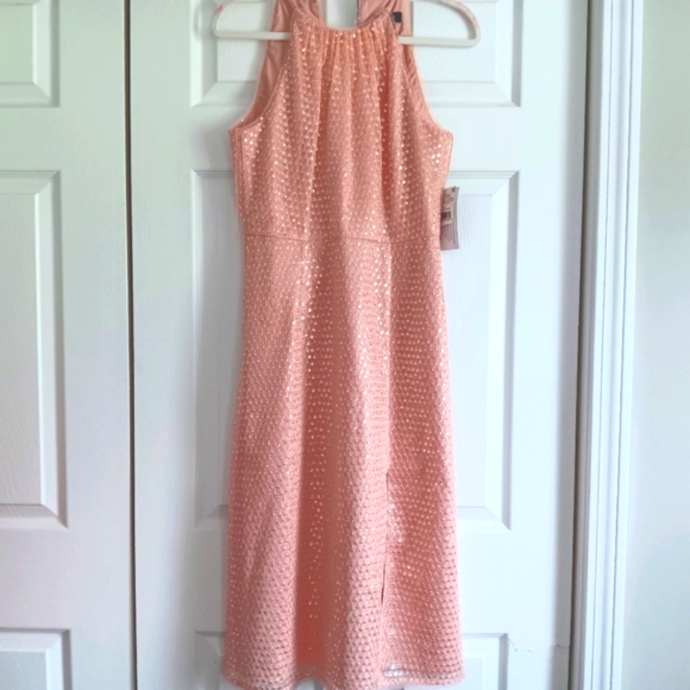 Aidan Mattox Rose Quart Sequin Leg Slit Halter Dress